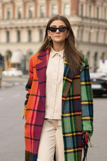 Woochic veste pour femmes col revers en tweed à carreaux contrasté vert S